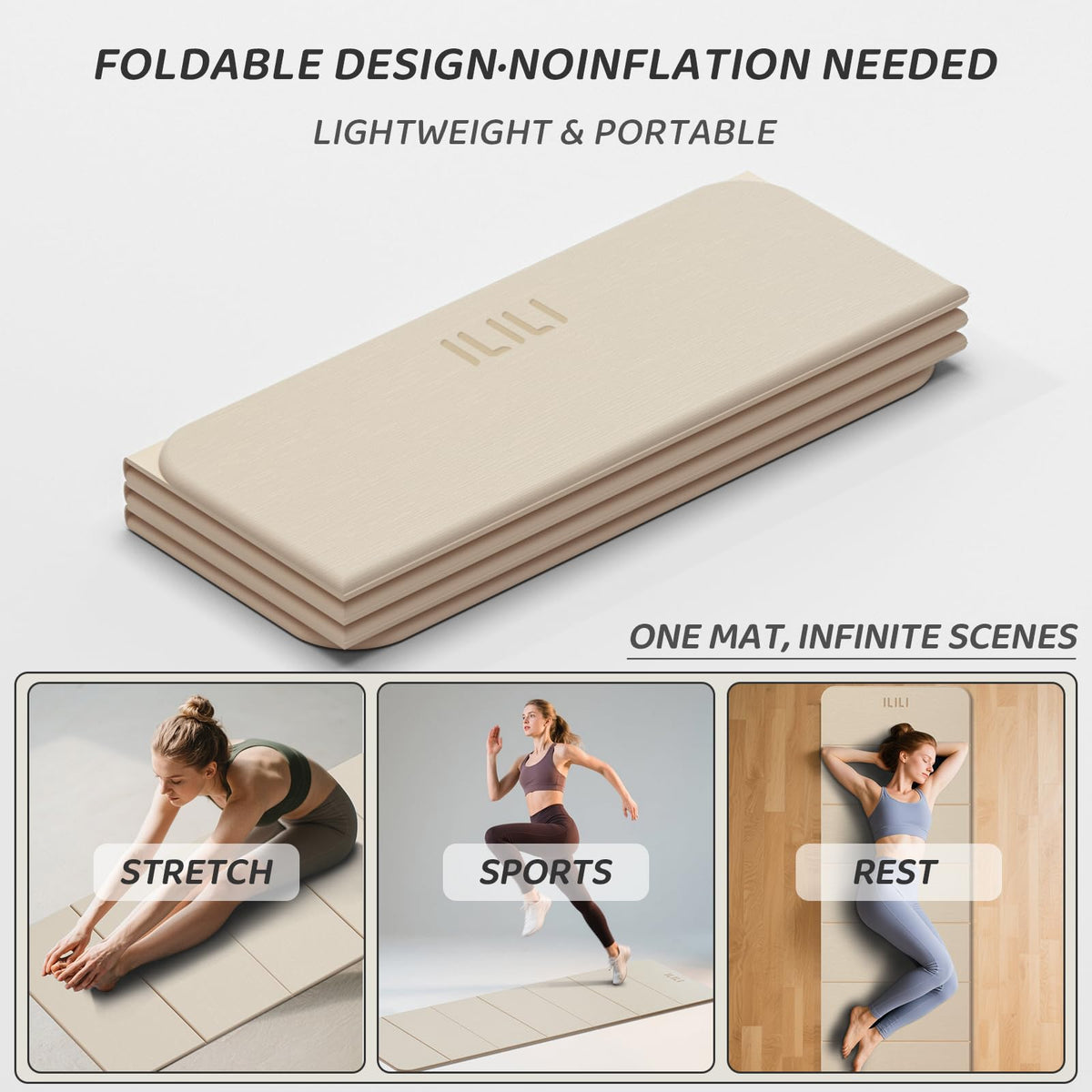 Foldable Yoga Mat 71 * 24 * 0.3 Inch (Beige)