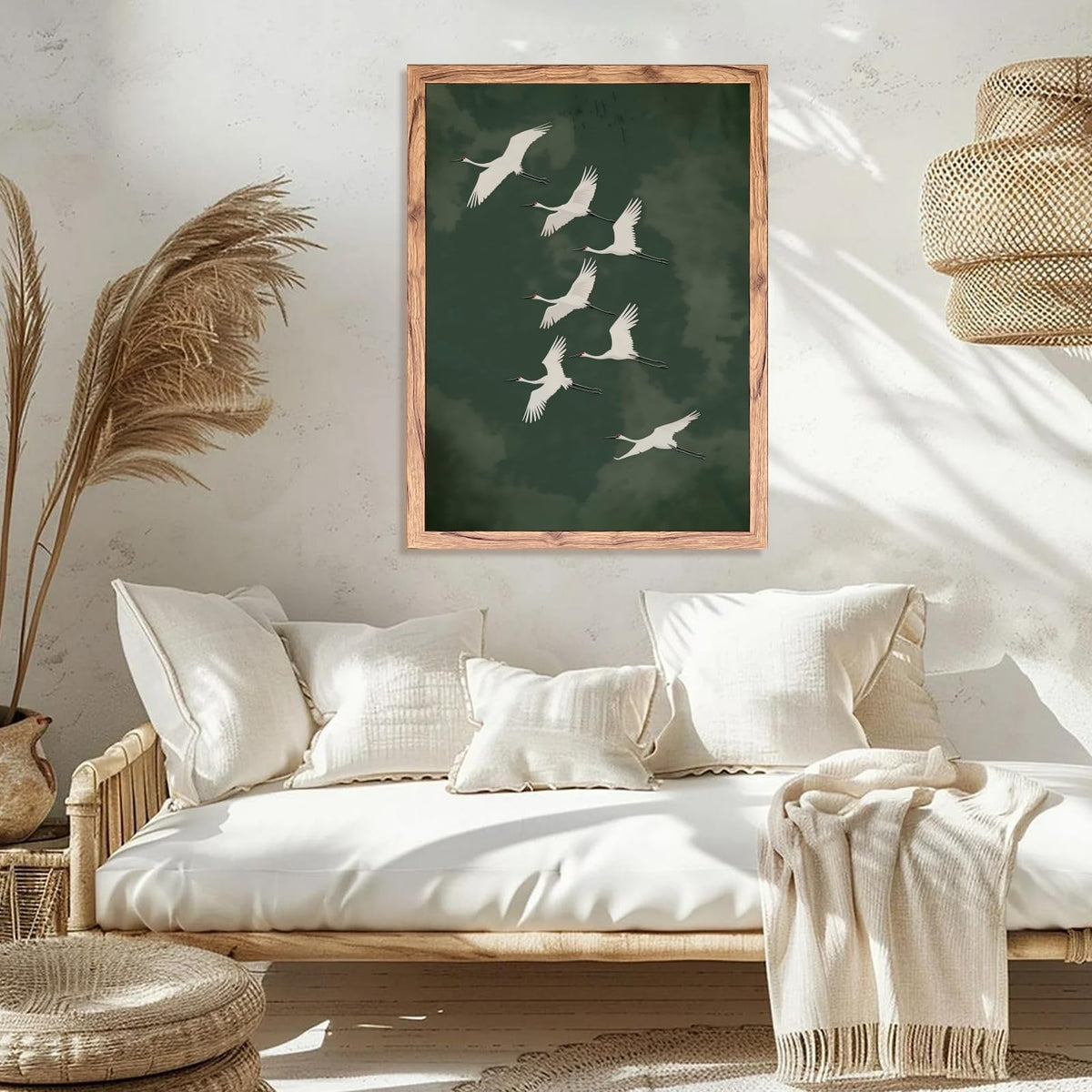 Wood Frame Japandi Wall Art Vintage Green Flying Bird Posters Elegant Japanese Cranes Zen Canvas Print Minimalist Wall Decor Painting Asian Decor Pictures for Living Room Bedroom 16x24inch (16"L x 24"W / style-3 Wood Framed)