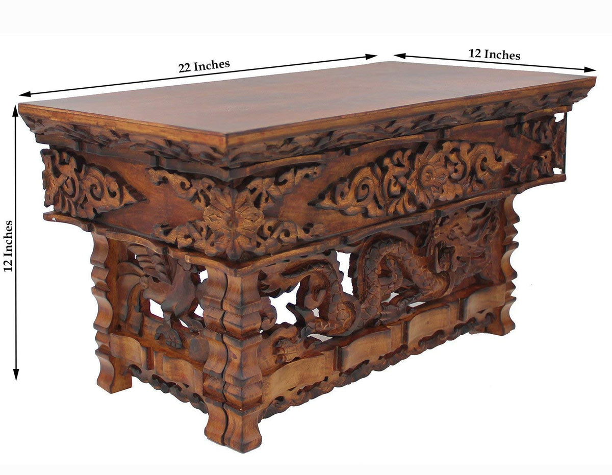 Solid Indian Elm Wood Hand Carved Floor Shrine Altar Meditation Table (Large / Dark)
