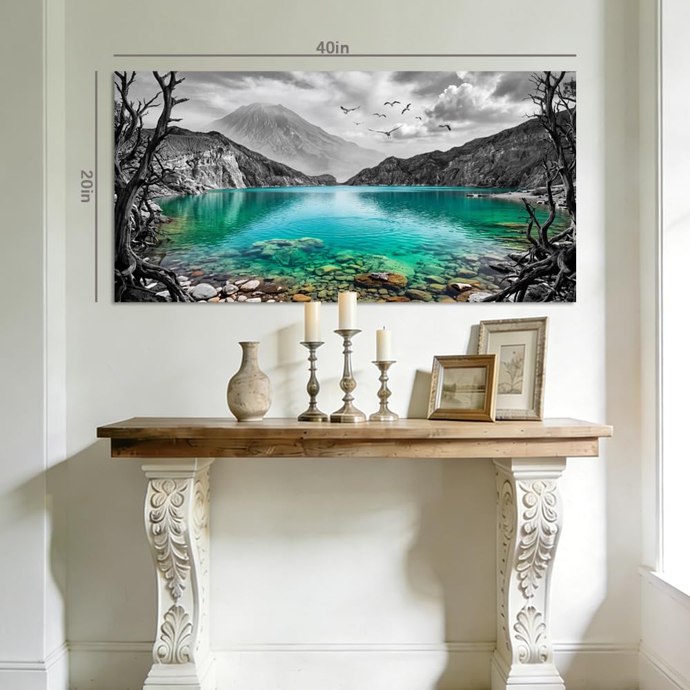 Black and White Mountain Canvas Wall Art Colorful Tropical Floral Lake Landscape Painting Flat Print Gallery Wrapped Artwork for Living Room Bedroom Bathroom Decor (Mysterious / Black Mountain Lake 19 / 40"L x 20"W)