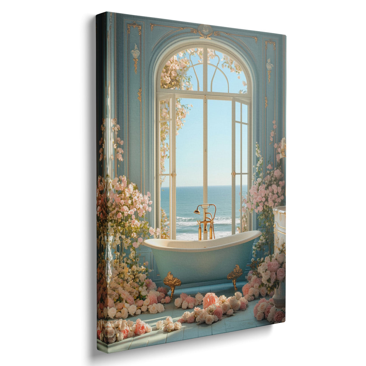 Coastal Blue Bathroom Canvas Wall Art Framed Floral Ocean Decor 16x24 Inch (Bathtub / 24"L x 16"W)