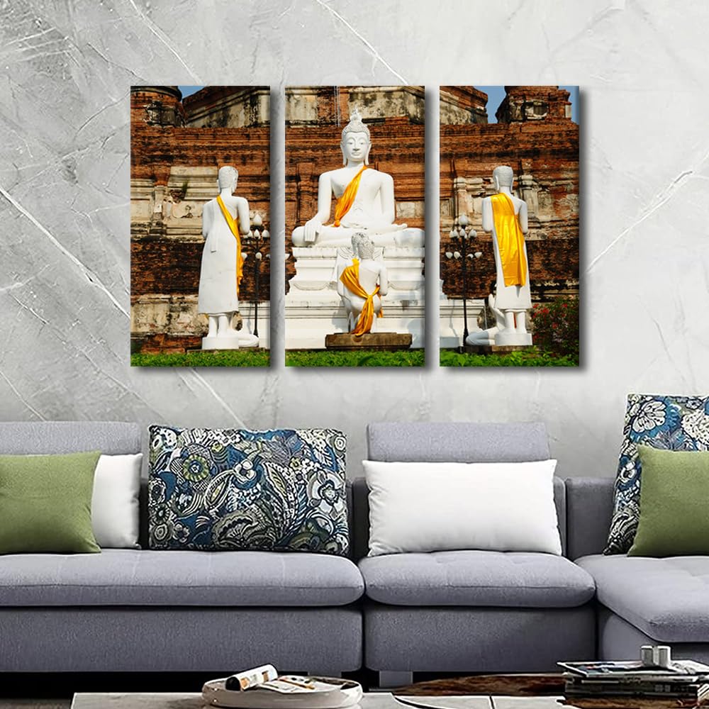 Buddha Canvas Wall Art Modern 3 Panel Living Room Decor Buddha Statue in Ayutthaya Thailand Picture Buddhism Canvas Poster Prints Art for Living Room Wall Decor Stretched Ready to Hang 36x24 in (36x24 in / 3PANEL-01)