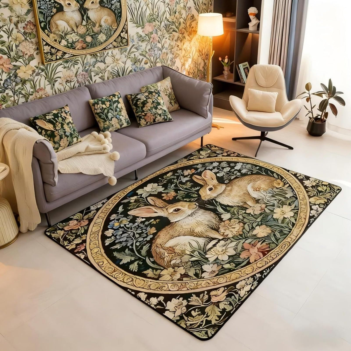 Rustic Rabbits Large Area Rug 5x7 Country Plant Leaves Floral Living Room Rug (Brown Green Black / 4'11" x 6'6" (Rectangular))