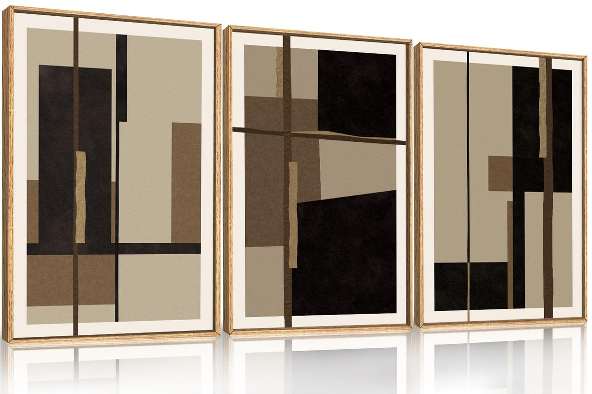 Abstract Black Brown Shapes Framed Canvas Wall Art Set (Black Shapes Wall Art / 16"L x 24"W)