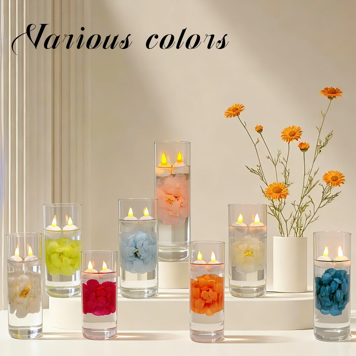 24 Pack Flameless Floating Candles for Centerpieces with Floating Flower (Pink)