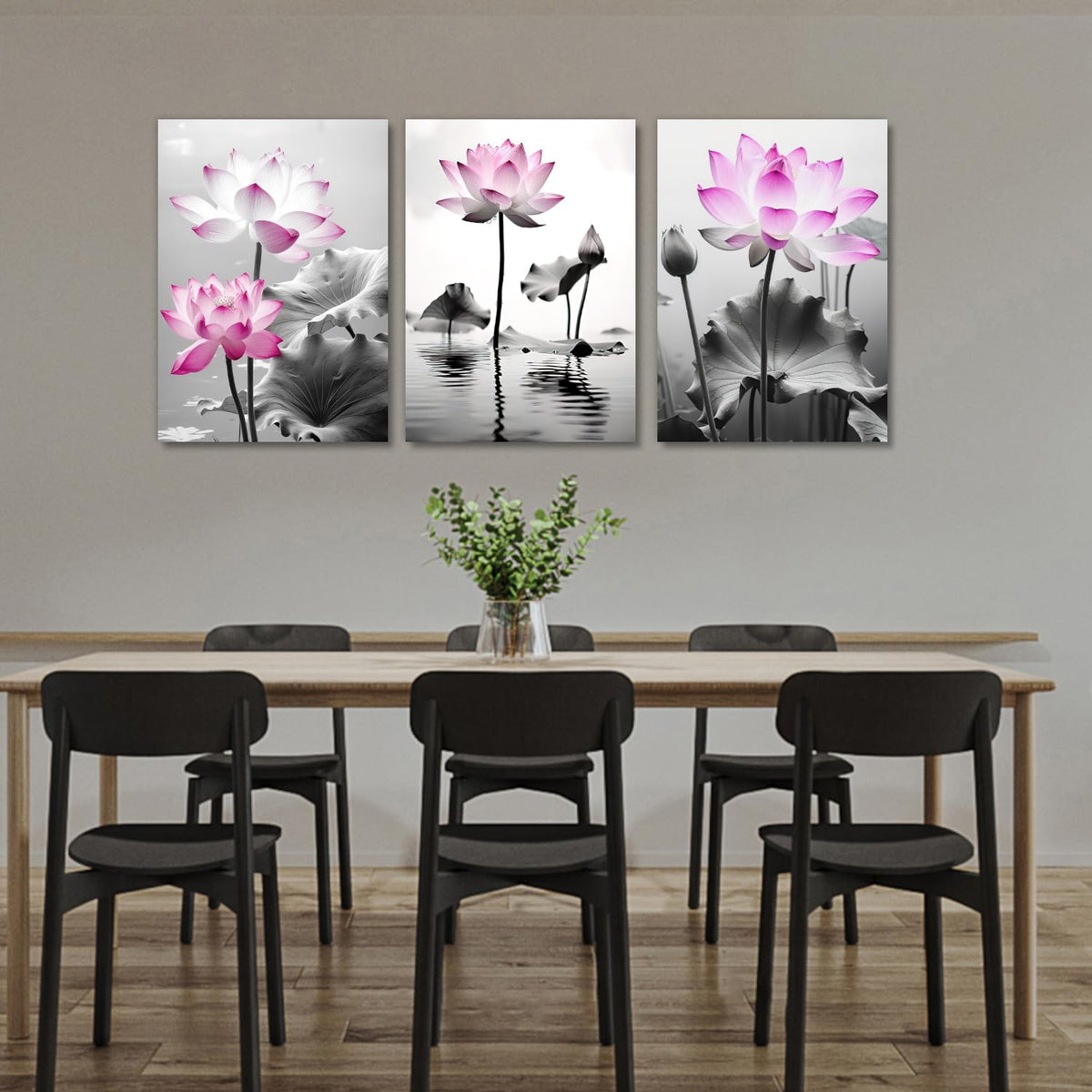 Lotus Canvas Wall Art 3 Pieces Pink Flowers in River Pictures Prints Wall Decor Black and White Painting Artwork for Bathroom Living Room Bedroom Office Home Decor (Lotus-6 / 20.00"x28.00"x3P)