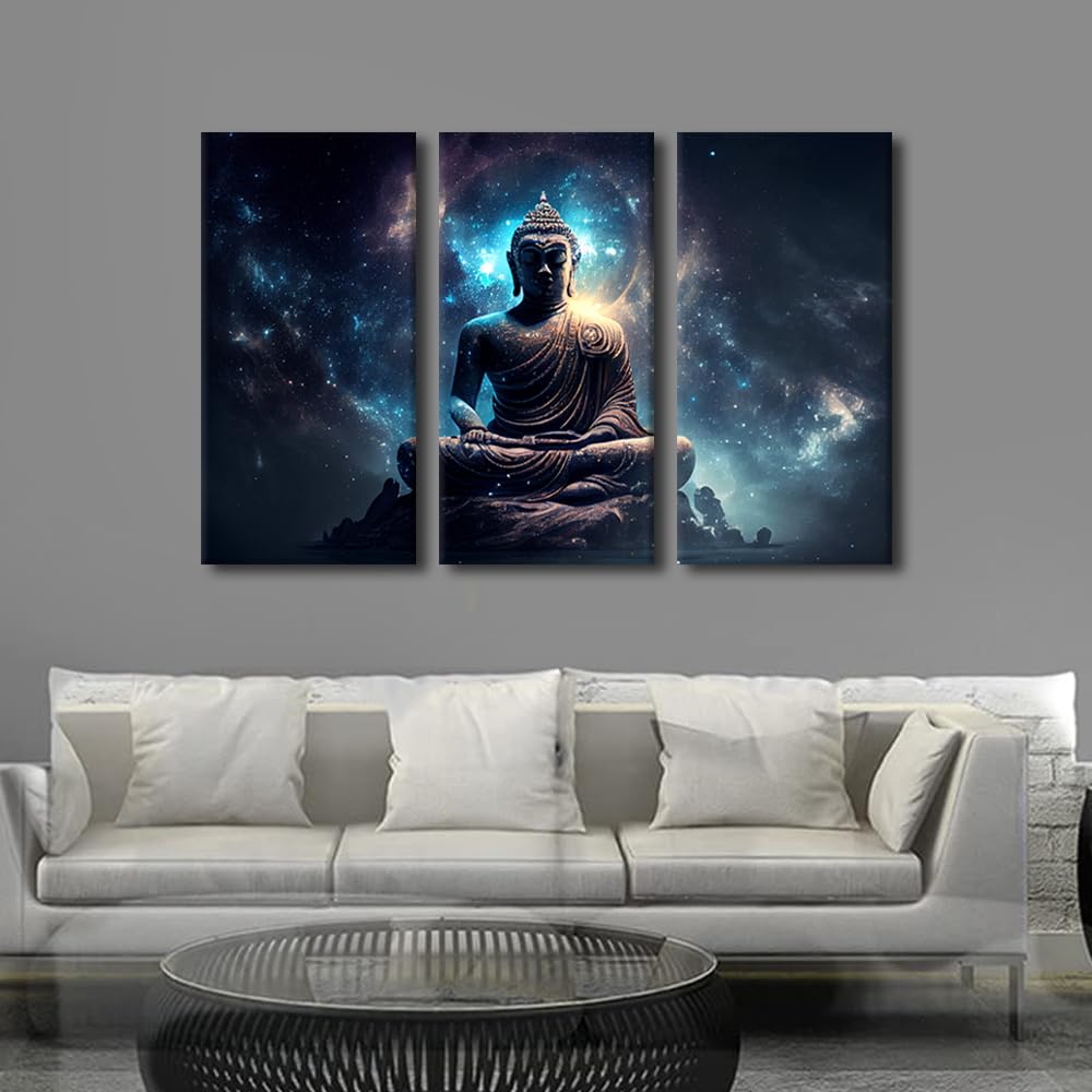 Canvas Wall Art 3 Panel Office Decor Buddha Mysterious Universe Poster Prints on Canvas Modern Buddha Painting Artwork Buddhist Believers Bedroom Home Wall Decor Stretched Ready to Hang 36x24 in (36x24 in / 3PANEL-14)