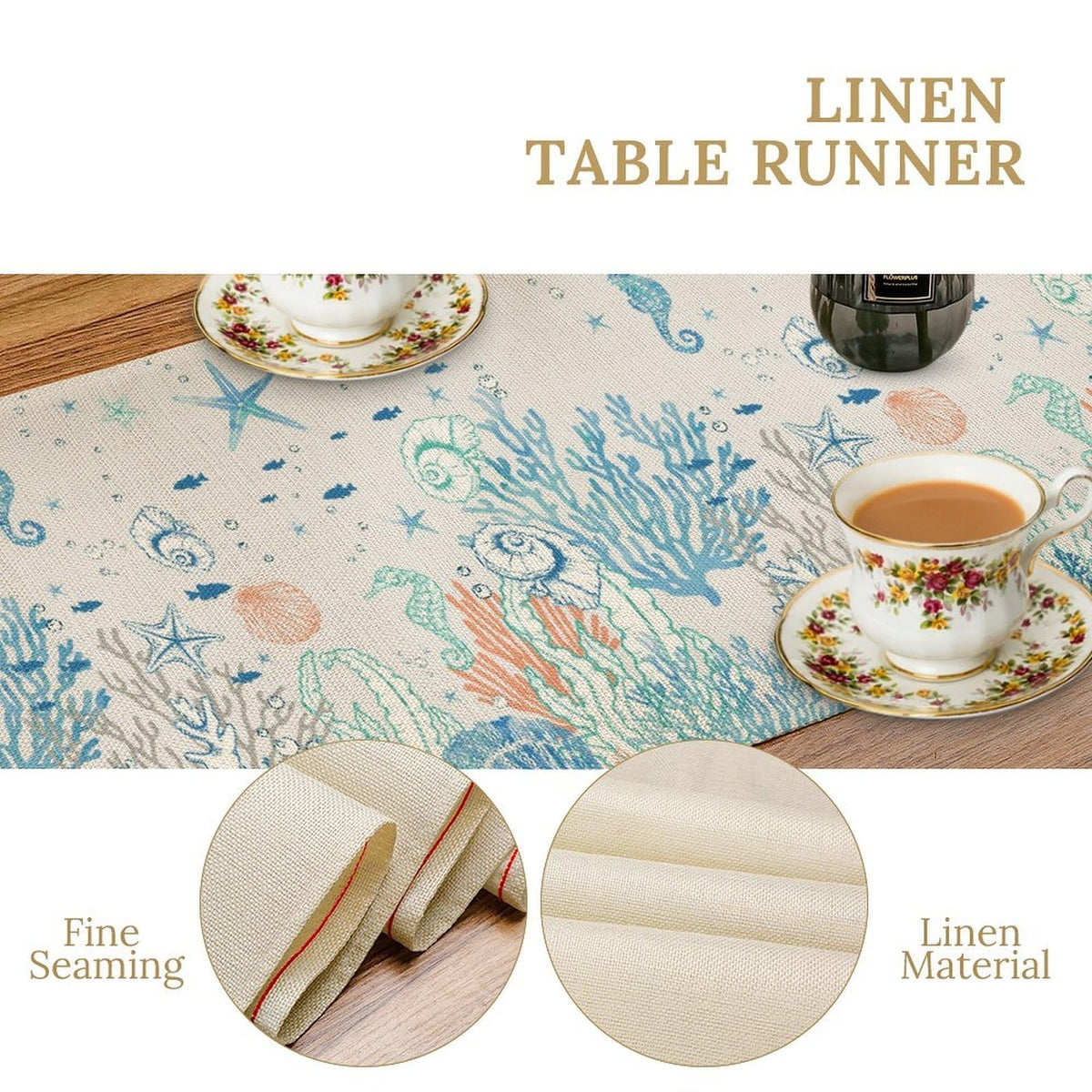 Coastal Beach Table Runner (13x90inch / Ocean Blue & Coral)