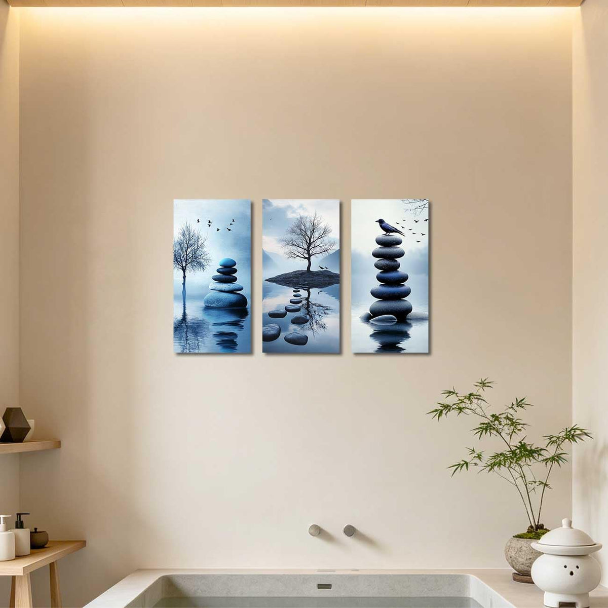 Set of 3 Zen Bathroom Canvas Wall Art Prints Blue Zen Stone & Bird Poster Water Lily with Butterfly Paintings Picture Yoga Meditation Artwork Spa Room Decor (Blue / 20x10inx3 Pieces)