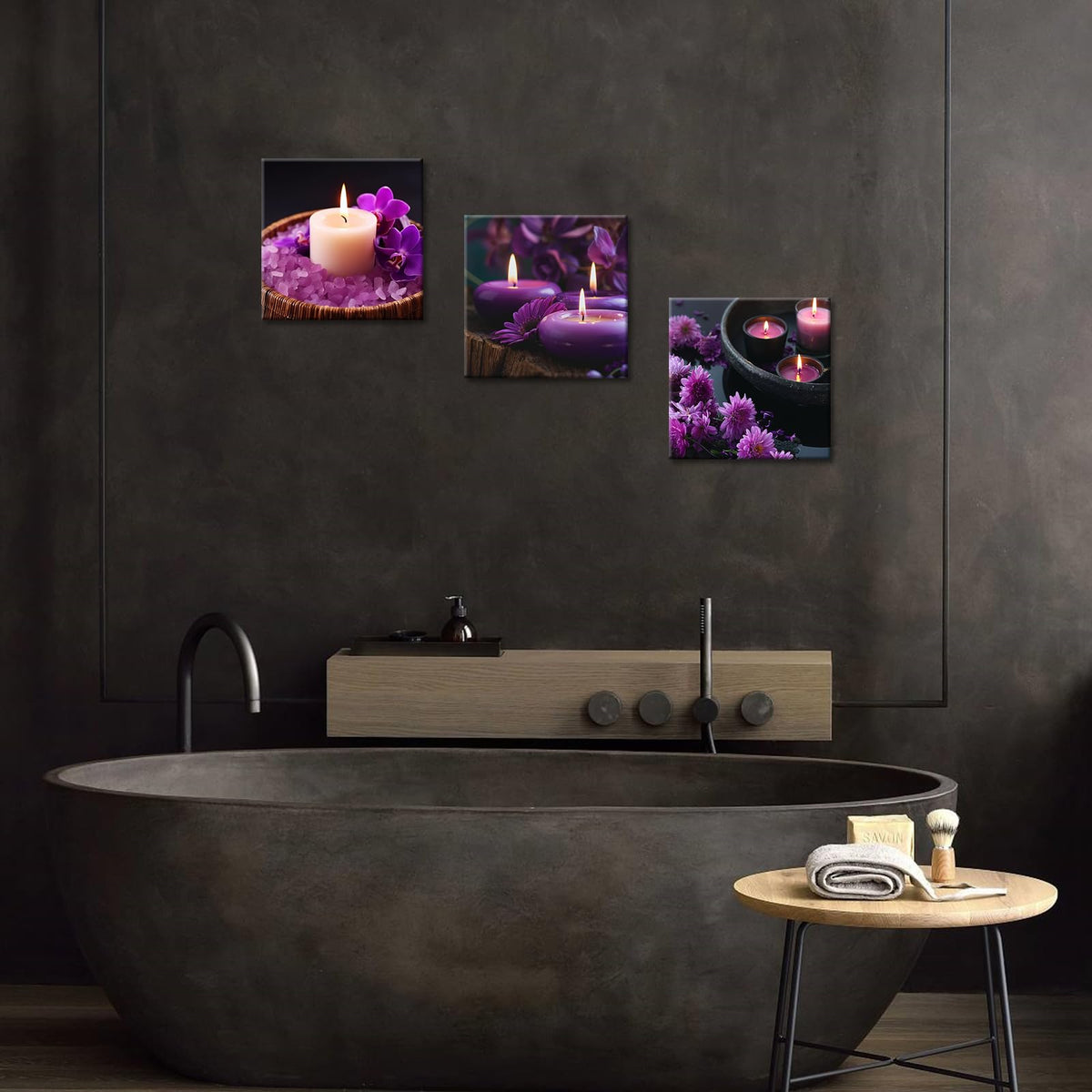 Spa Wall Art Set of 3 Zen Decor Purple Wall Art Purple Flowers Aromatherapy Candles Spa Pictures Prints on Canvas for Bathroom Home Office Decor Ready to Hang (Zen 03 / 24"L x 24"W)