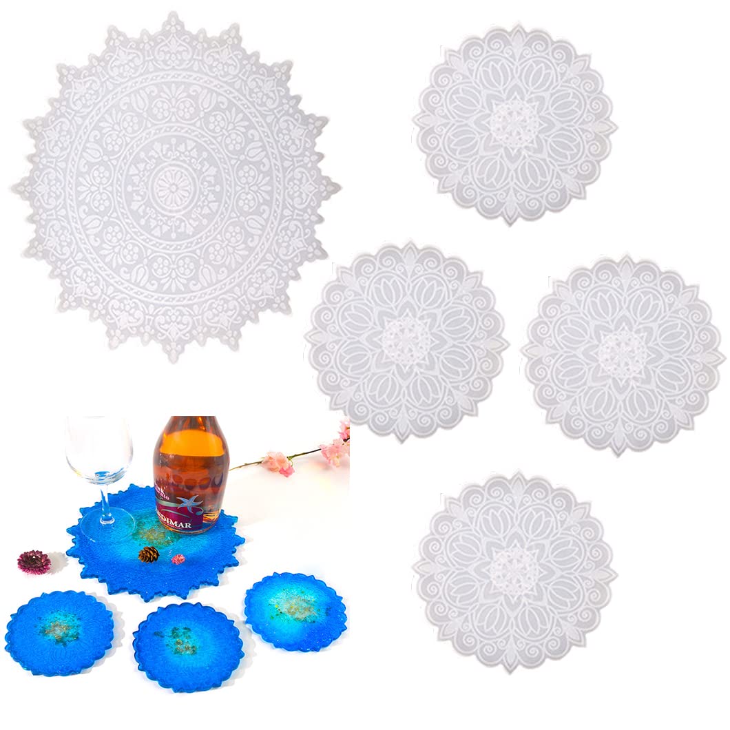 Konnafy 5pcs Resin Coaster Molds Mandala Resin Molds Tray Silicone Mold Flower Epoxy Molds DIY Casting Mold for Crafts Jewelry Trinket Plate Holder Bowl Mats Decoration (5pcs Mandala Coaster Moulds)