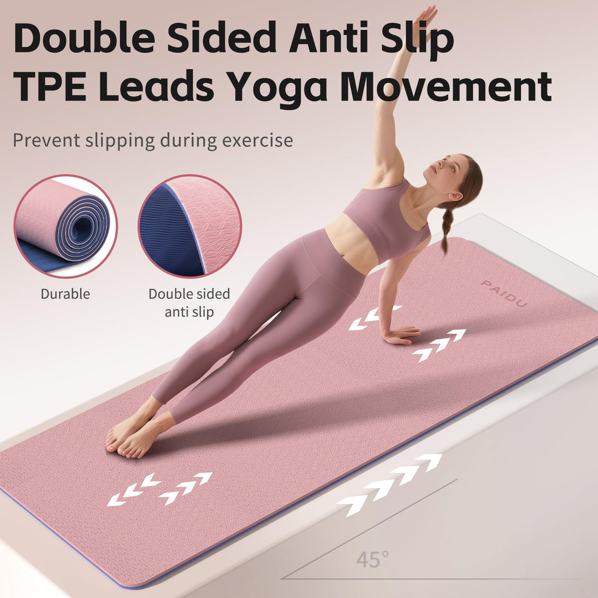 TPE Yoga Mat 8mm Thick Non (Deep Pink&Grey)