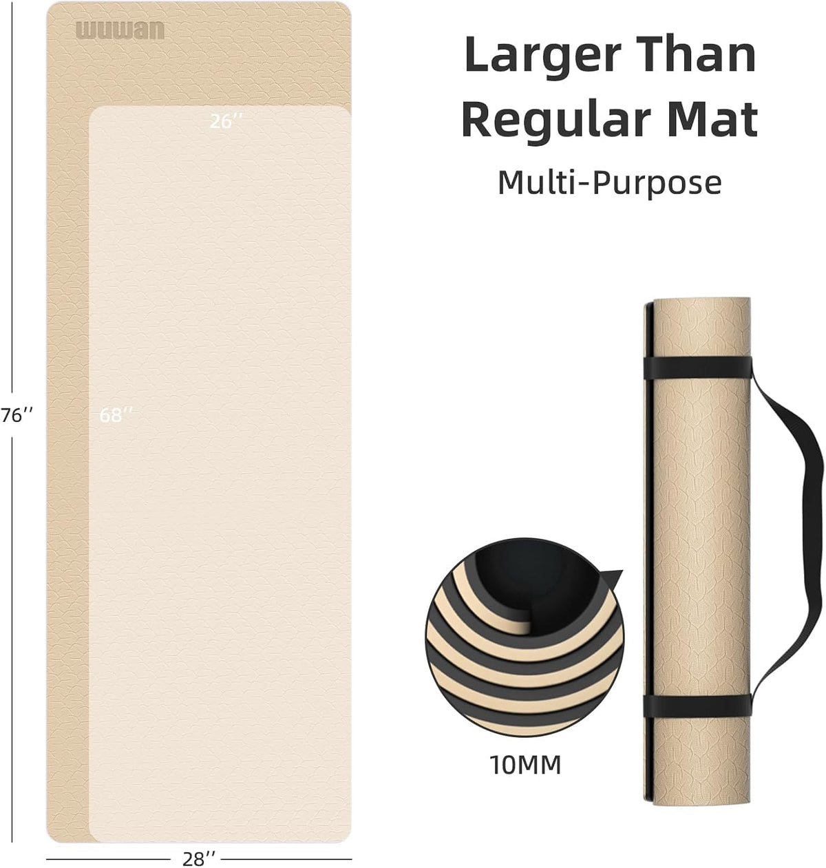 TPE Yoga Mat10mm Thick Wide Exercise Mat for Home Workout Carry Strap (beige)