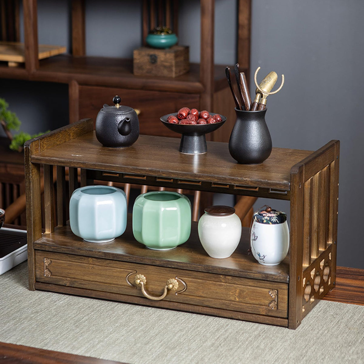 Low 3 Tier Meditation Table with Drawer (Walnut Color / 20.4”W)