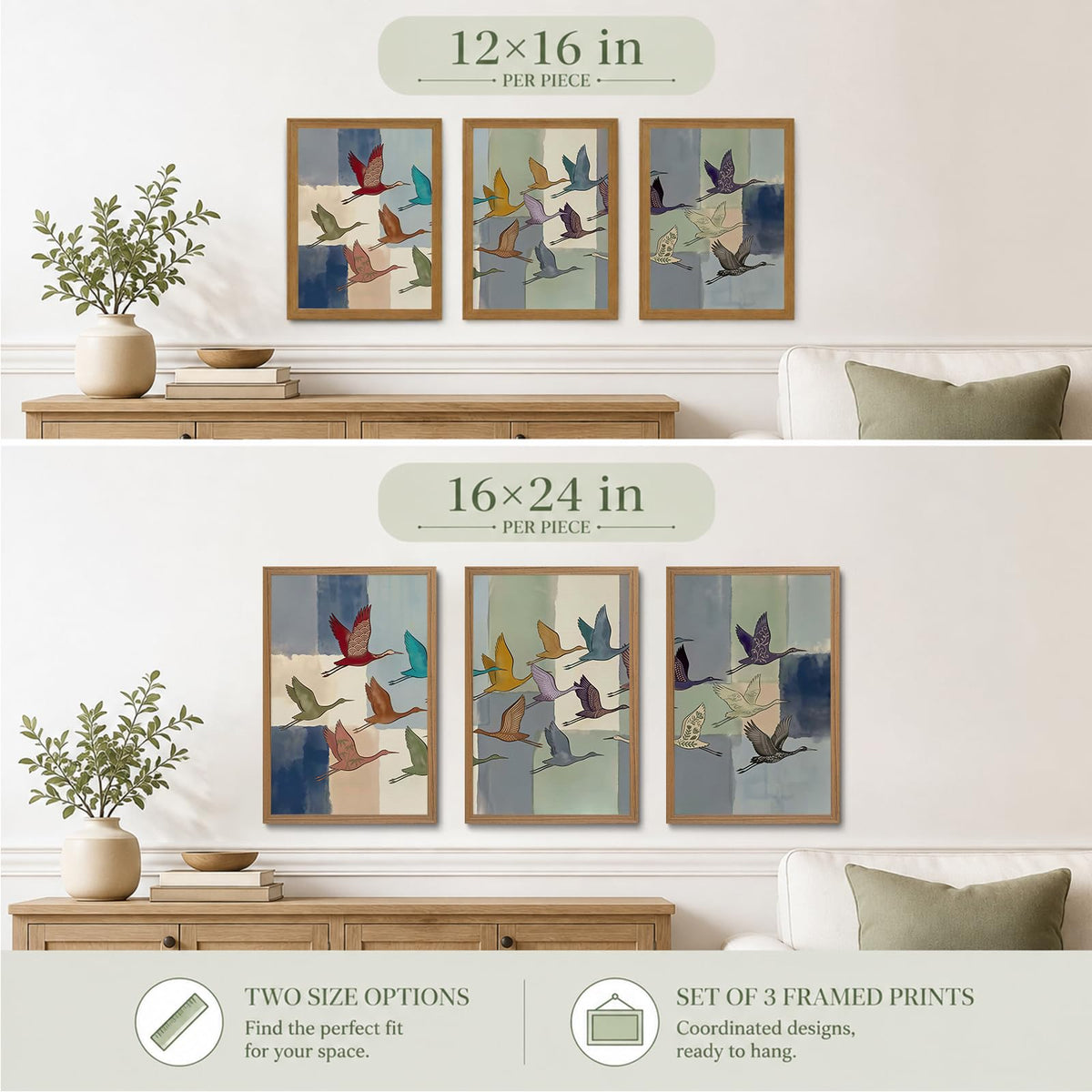 Framed Abstract Colorful Crane Watercolor Wall Art Set of 3 (Color crane / 16"L x 12"W)
