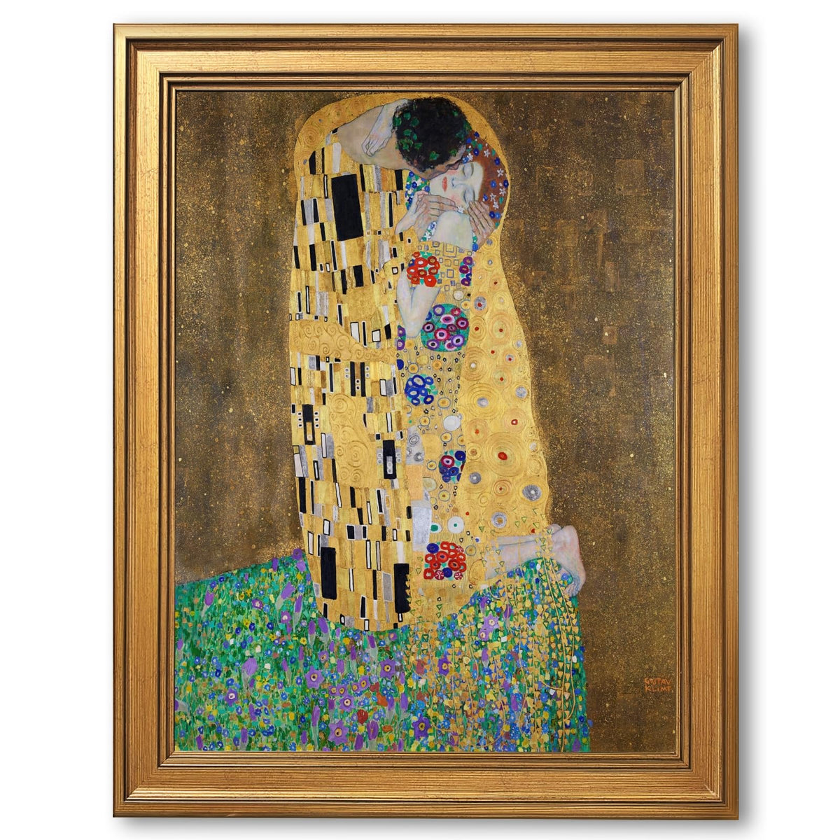 Gold Framed The kiss by Gustav Klimt Poster Romantic Symbolist Wall Art Classic Oil Painting Reproduction Canvas Prints 19th Century Nouveau Movement Famous Pictures Artwork Home Decor 16x24inch (16"L x 24"W / Kiss-Lovers)