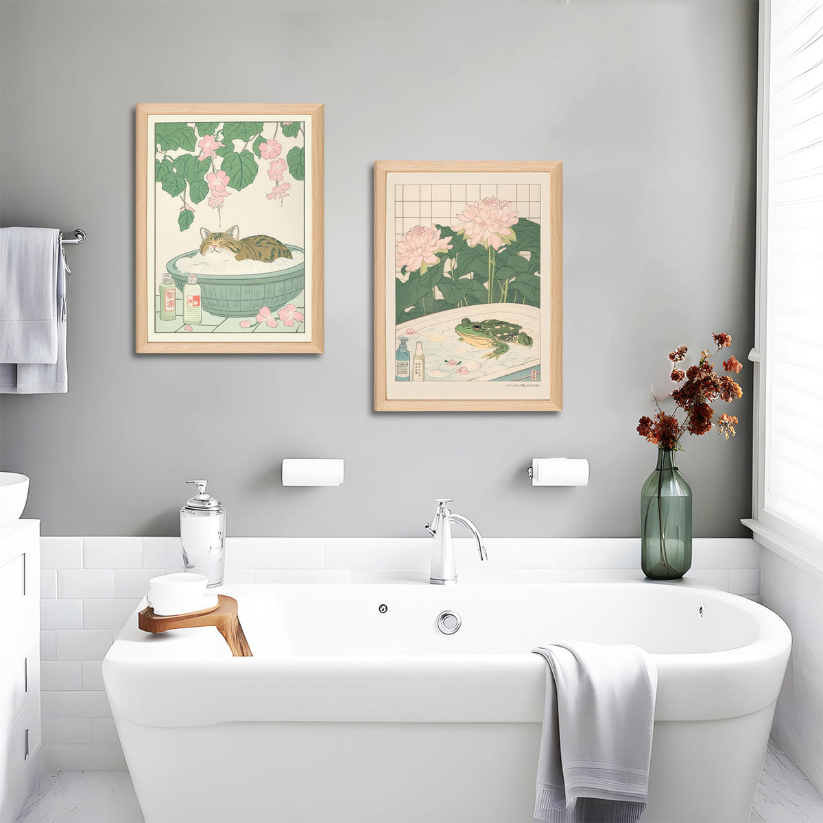 Japanese Cats Frogs Bathroom Wall Art Anime Cute Funny Canvas Print Decor (Cat Frog / 16"L x 12"W)
