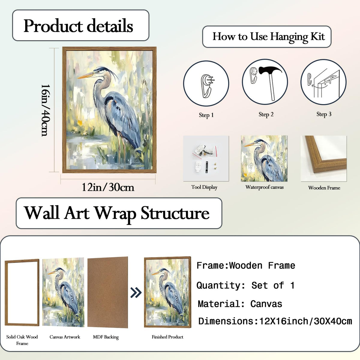 Framed Blue Heron Wall Art (Heron / 16"L x 12"W)