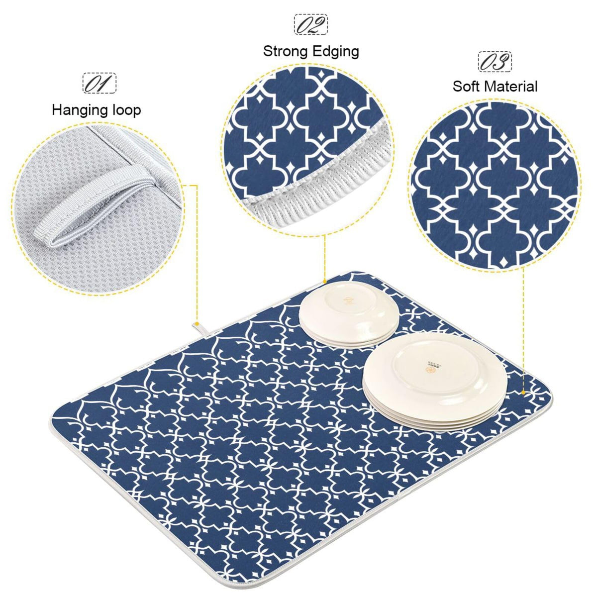 Super Absorbent Dish Drying Mat Microfiber Fast (Navy Blue Moroccan Mandala / 16" x 18")