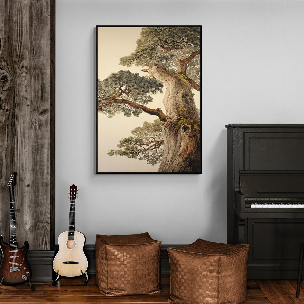Vintage Japanese Pine Tree Black Framed Wall Art Oriental Asian Tree Canvas Posters 11x14 inch Japan Scenery Room Aesthetic Prints Calm Earthy Forest Botanical Painting for Home Bedroom Living Room Office (Black Framed / Japanese Poster / 14"L x 11"W)