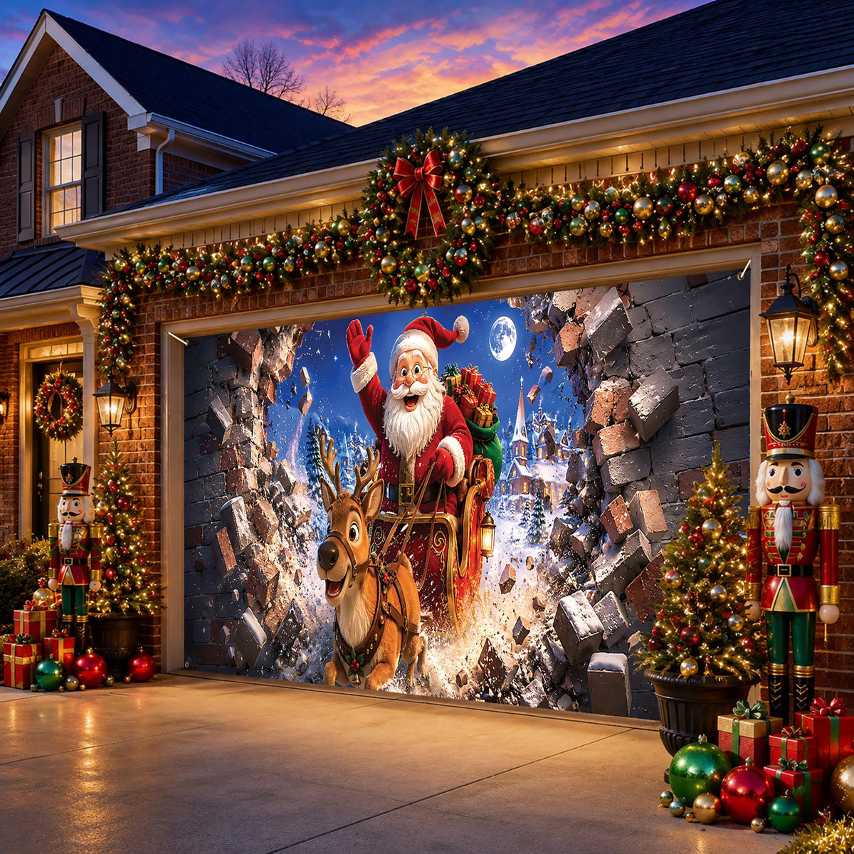 Christmas Garage Door Cover Banner Santa Reindeer Sleigh Backdrop (Santa Claus-1)