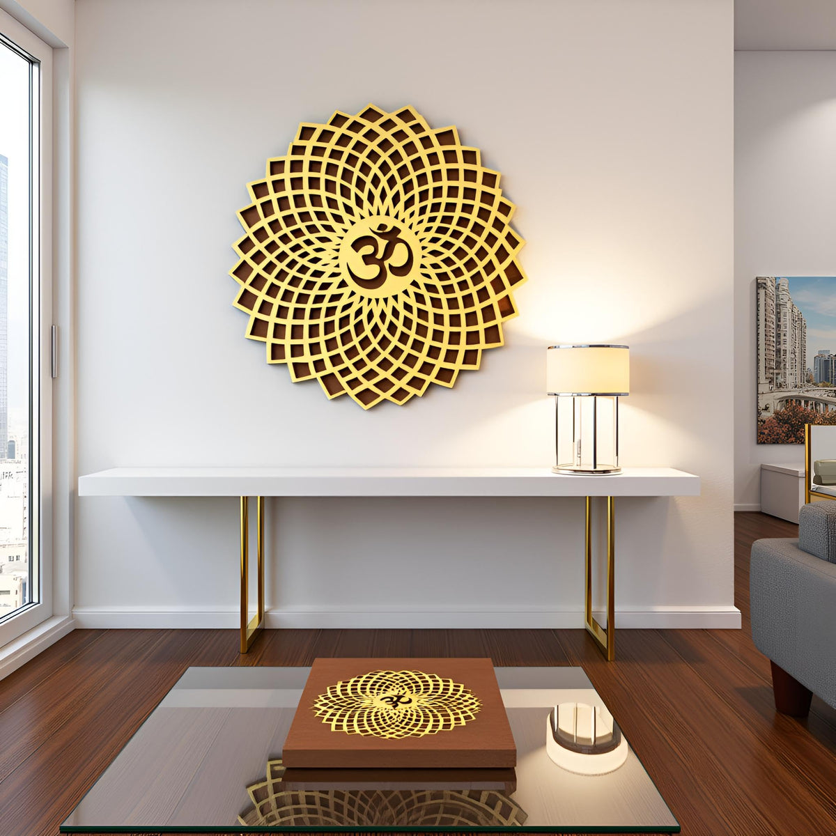 60x60cm Golden Om Round Decorative Wall Art Mdf Wooden Om Chakra For Temple (GEOMETRY OM-Gold / 24"L x 24"W)