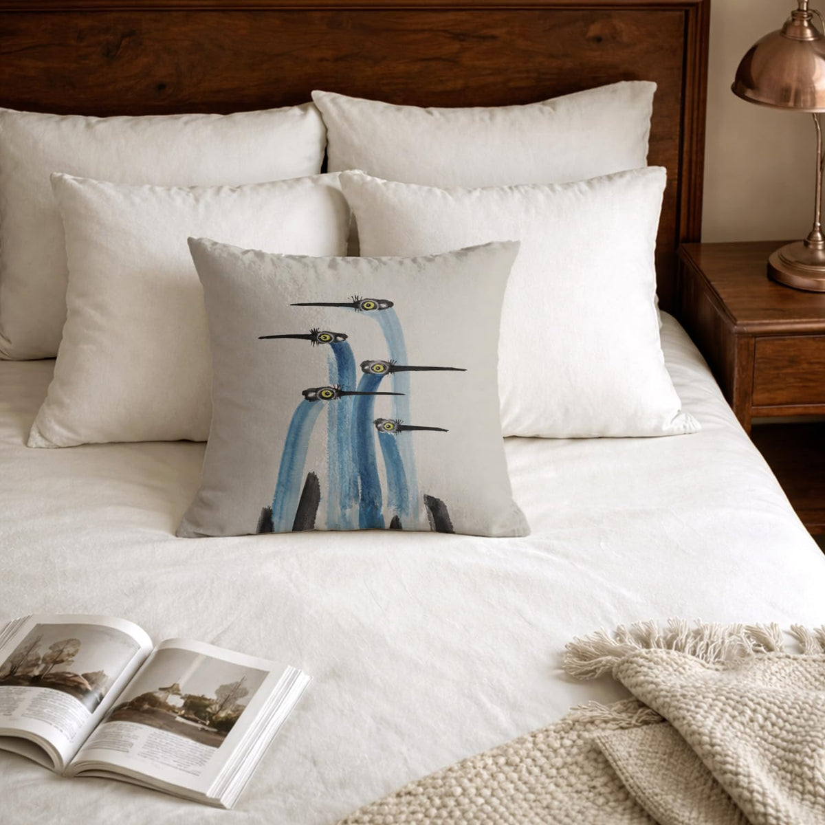 Japanese Crane Pillow Cover 18x18 (White-blue Heron Bird 19)
