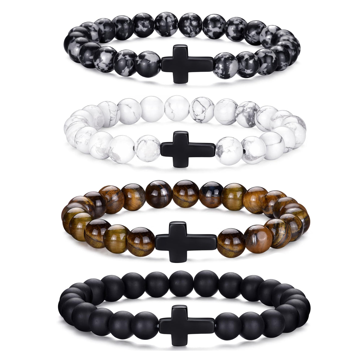 Mens Bracelets 8MM Natural Stone Beads Bracelet Set Stretch Adjustable Beaded Bracelets for Men (4,cross bracelet-A)