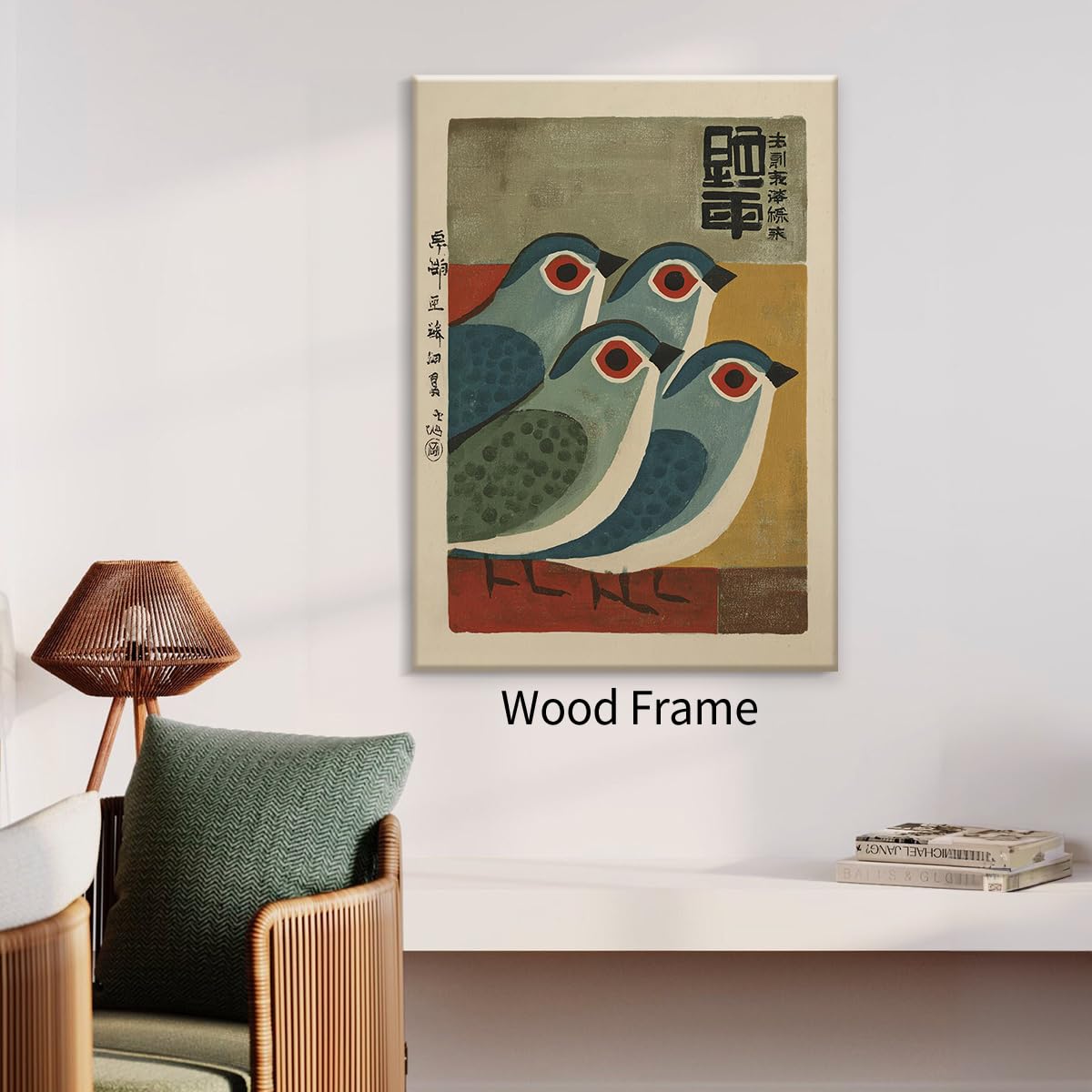 Japanese Mid Century Blue Bird Framed Posters Prints Vintage Animal Wall Art 16x20 inch Minimalist Bird Painting Rustic Artwork for Asian Lndie Room Bedroom Living Room Decor Ready to hang (Wrapped Canvas / Japanese Picture / 20"L x 16"W)