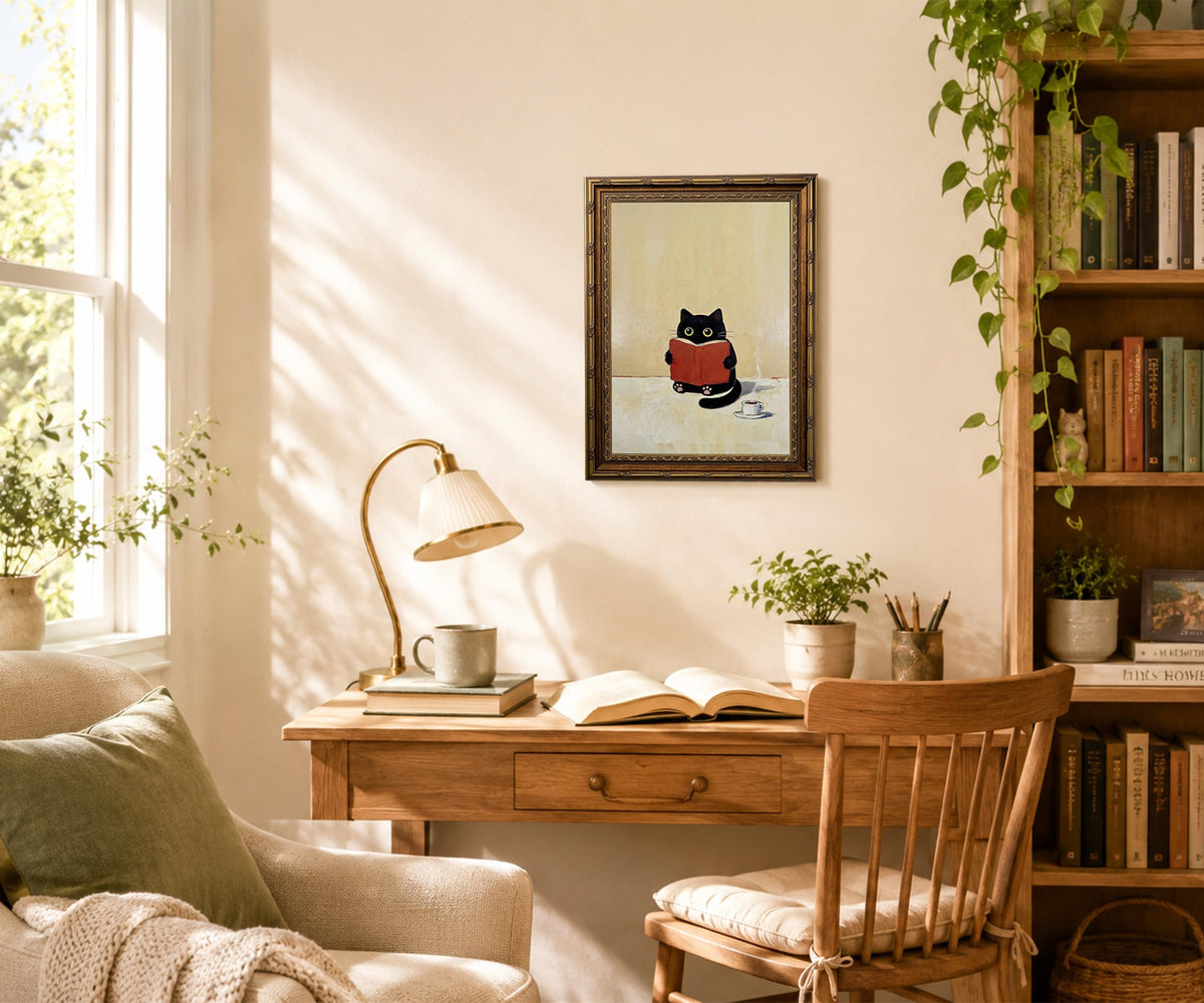 Vintage Gold Framed Cute Black Cat Canvas Wall Art (Antique Gold, Black, Red, Beige / 12"L x 16"W)