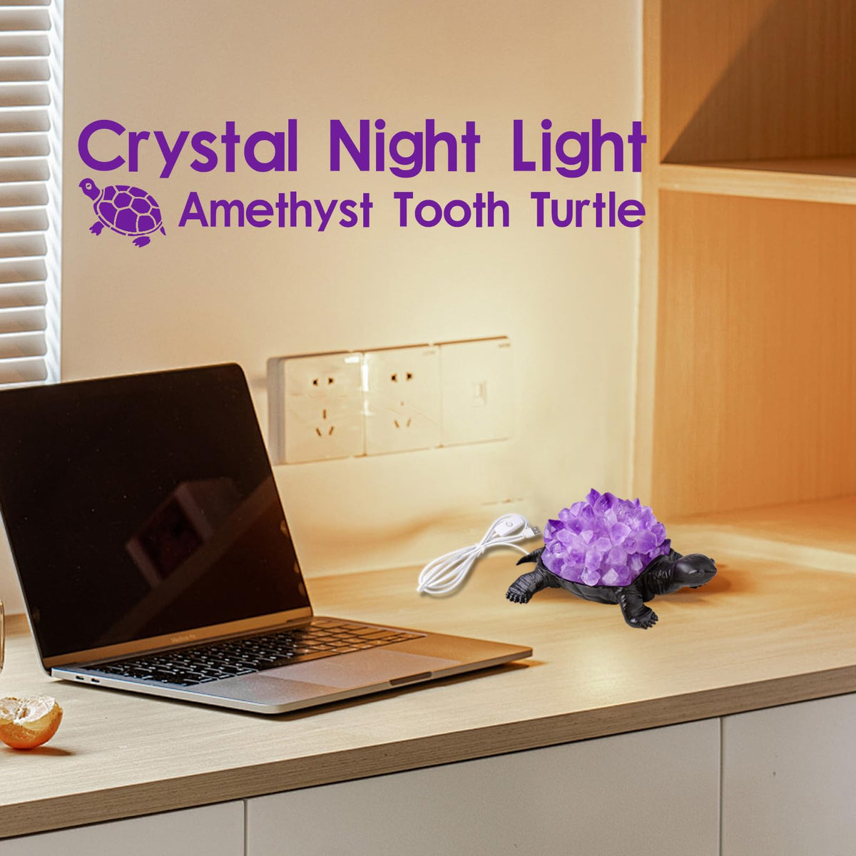 Natural Amethyst Tooth Turtle Night Lamp Healing Crystal Bedroom Bedside Table Lamp USB Port Home Decor Women Men Gift (Purple)