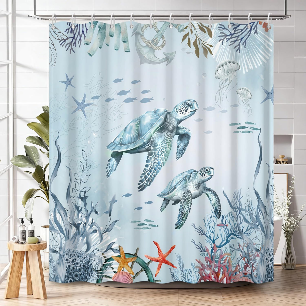 Sea Turtle Shower Curtain with Hooks (Sea Turtle / 72"W x 72"L (Pack of 1))