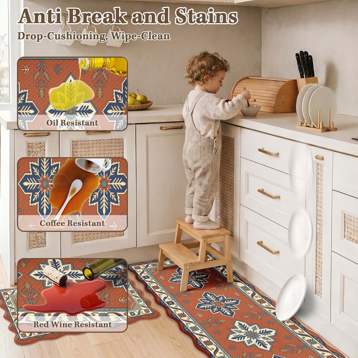 Anti Fatigue Kitchen Mats Set of 2 (Boho Floral / 17.3''x29.9''+17.3''x47'')