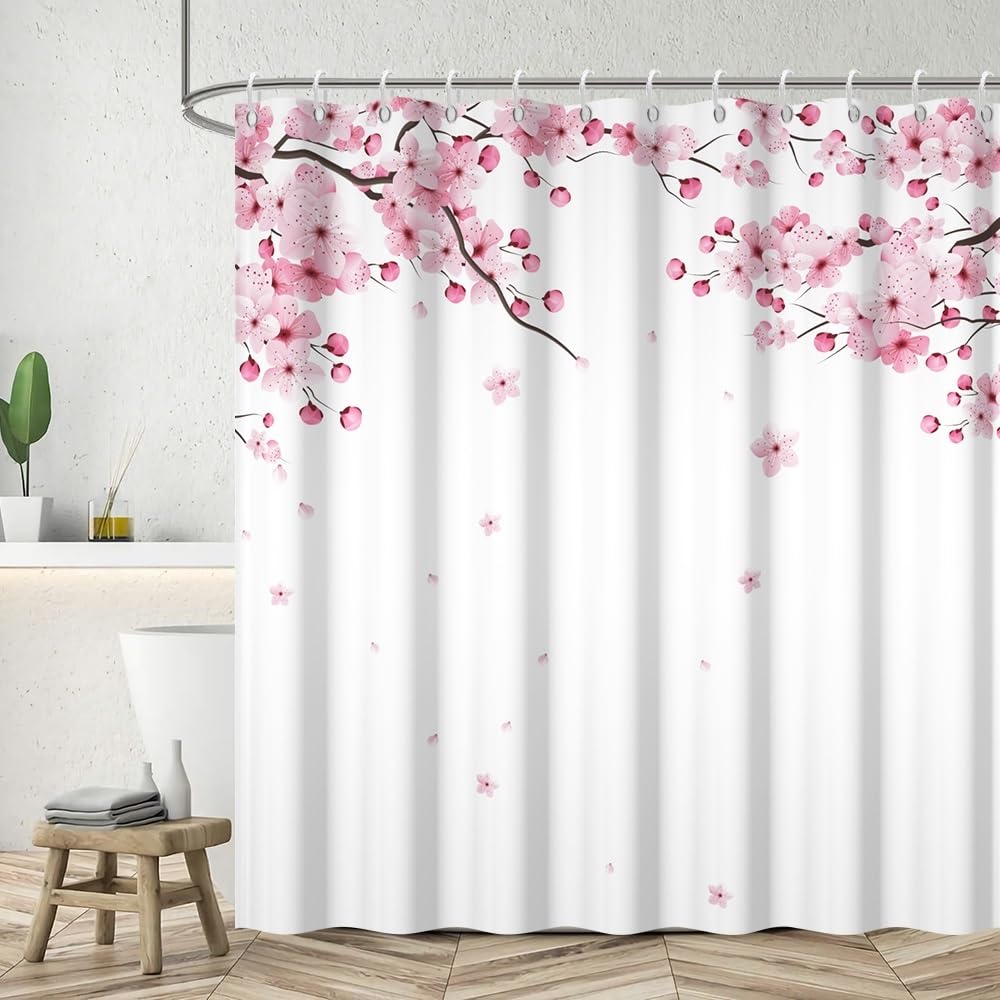 Pink Cherry Blossom Shower Curtains for Bathroom Watercolor Spring Floral Shower Curtain Sets Janpenese Asian Style Shower Curtain Bathroom Curtains Set with Hooks 72x78 Inch (72"W x 78"L (Pack of 1) / Pink-33)