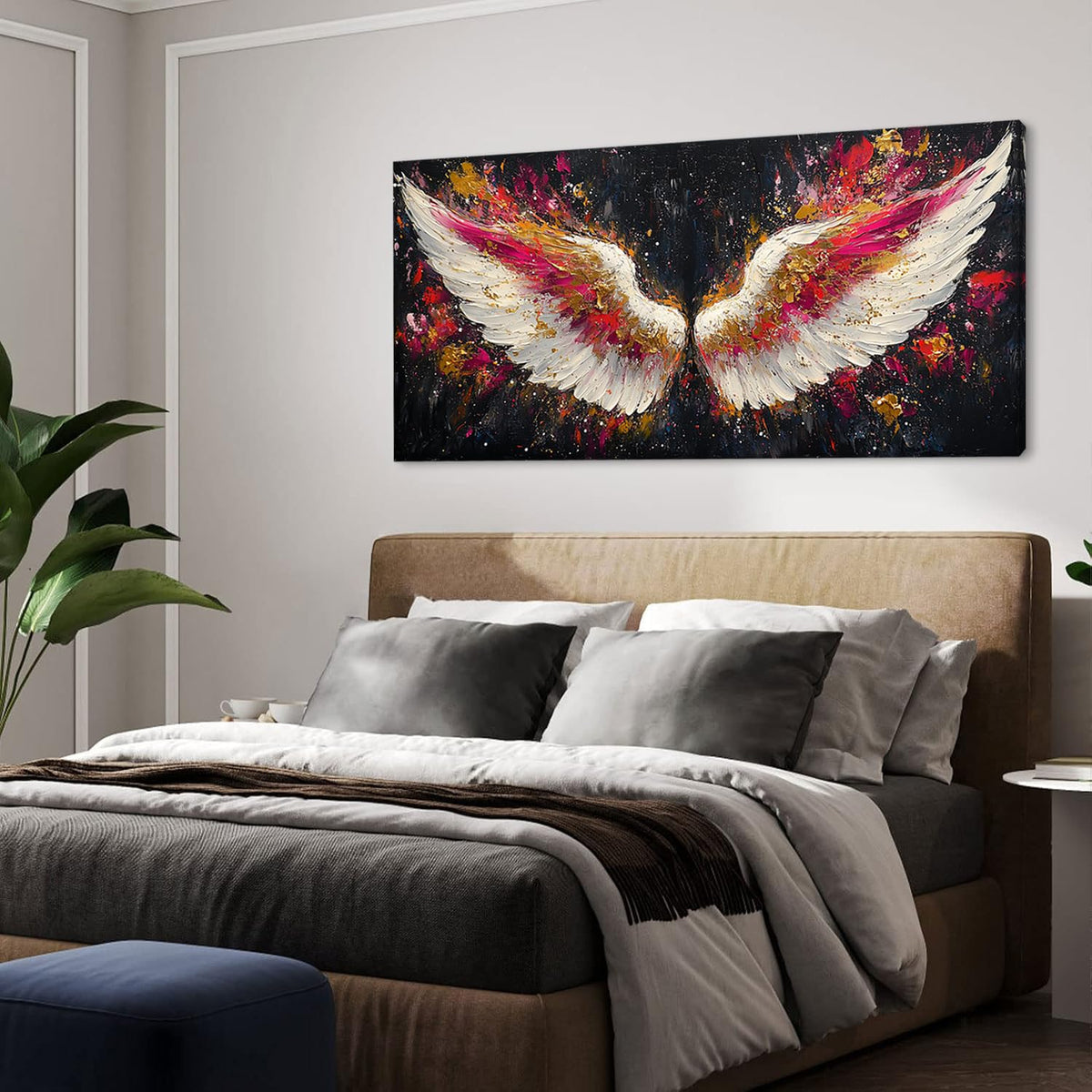 Multicolor Angel Wings Wall Art for Living Room Office Divine Inspiration Splatter Paint Art Painting Prints Contemporary Canvas Artwork Dining Bedroom Decor Large (Contemporary / White Gold Red Angel Wings Wall Art / 46L" x 23W")