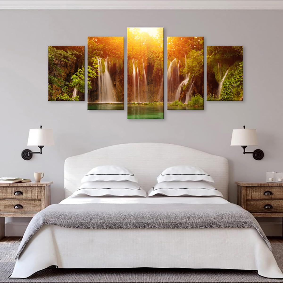Wall Art Canvas Painting golden Forest Waterfall 5 Piece Mountain River Water Stream and Tree Picture Poster Print Framed and Stretched Ready to Hang for Living Room Bedroom office Artwork (16x24inchx2,16x32inchx2,16x40x1 / Artwork171)