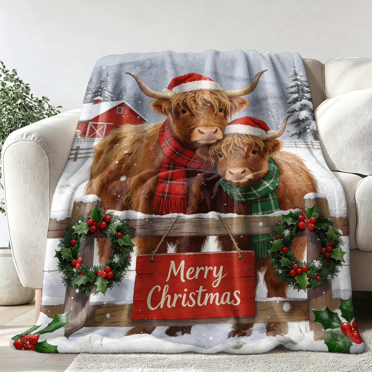 Highland Cow Throw Blanket Merry Christmas Cows Cozy Plush Flannel 40"X50" (Highland Cow / 40"X50")