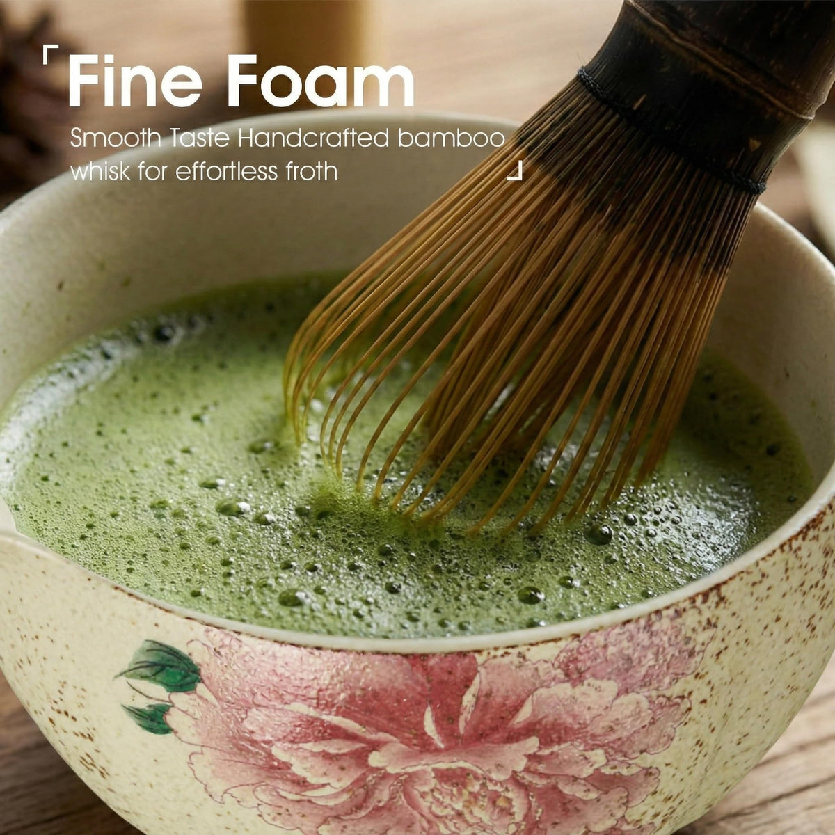 Matcha Set, 7-Piece Matcha Whisk Set with Bowl & 100-Prong Whisk (Beige-Peony)