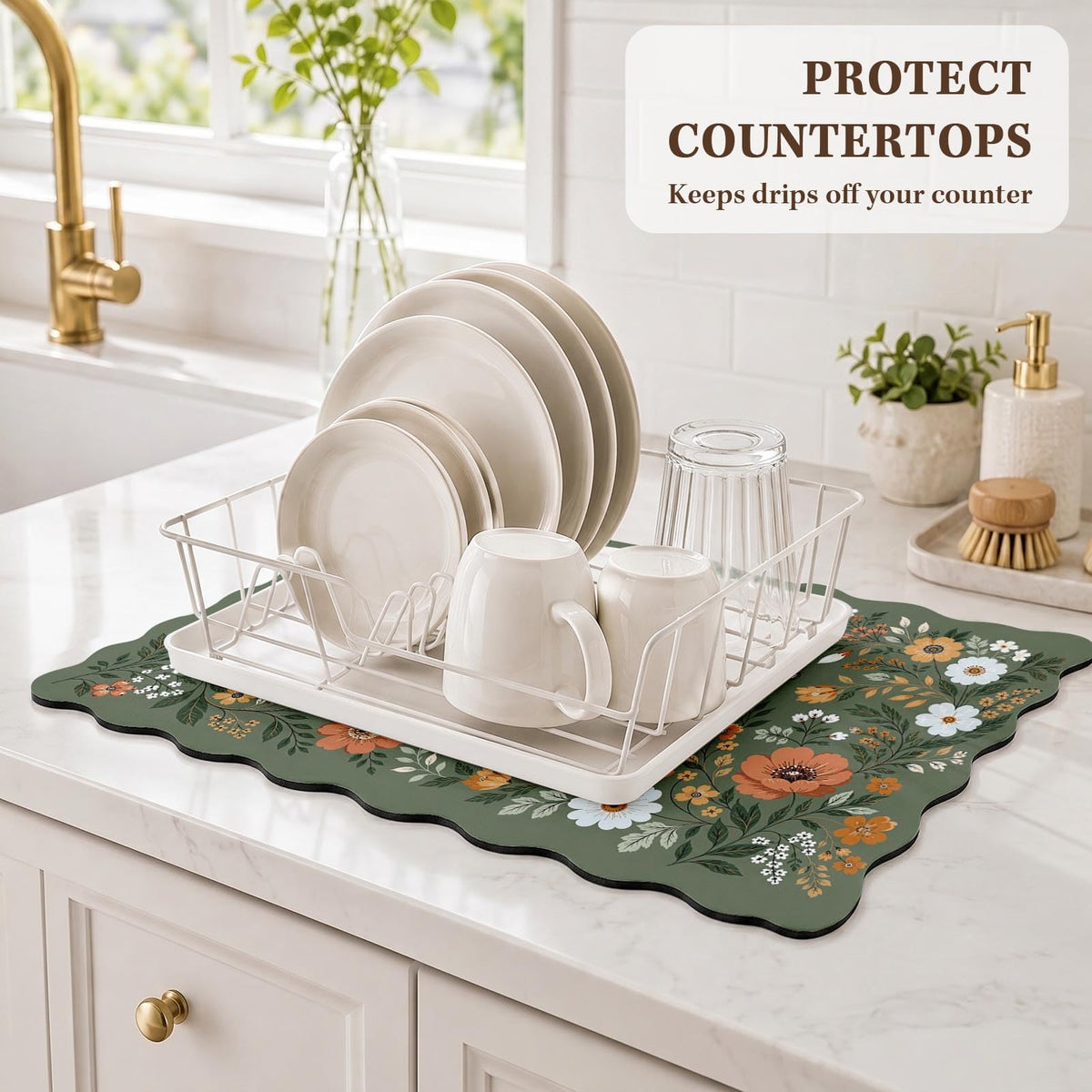 Scalloped Dish Drying Mat 2 (Cottagecore Floral Green / 12x19 inch)