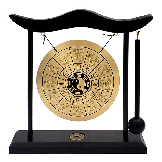 Zen Art Brass Chinese Zodiac Mini Gong For Desk With Mallet Instrument Bagua Home Decor Table Top (FH1304)
