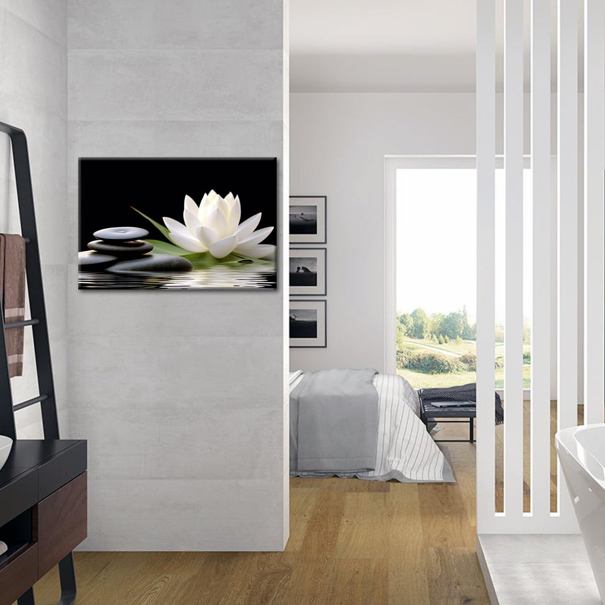 Zen Wall Art White Lotus Bloom in Water with Spa Stone (Artwork 02 / 24"L x 16"W)