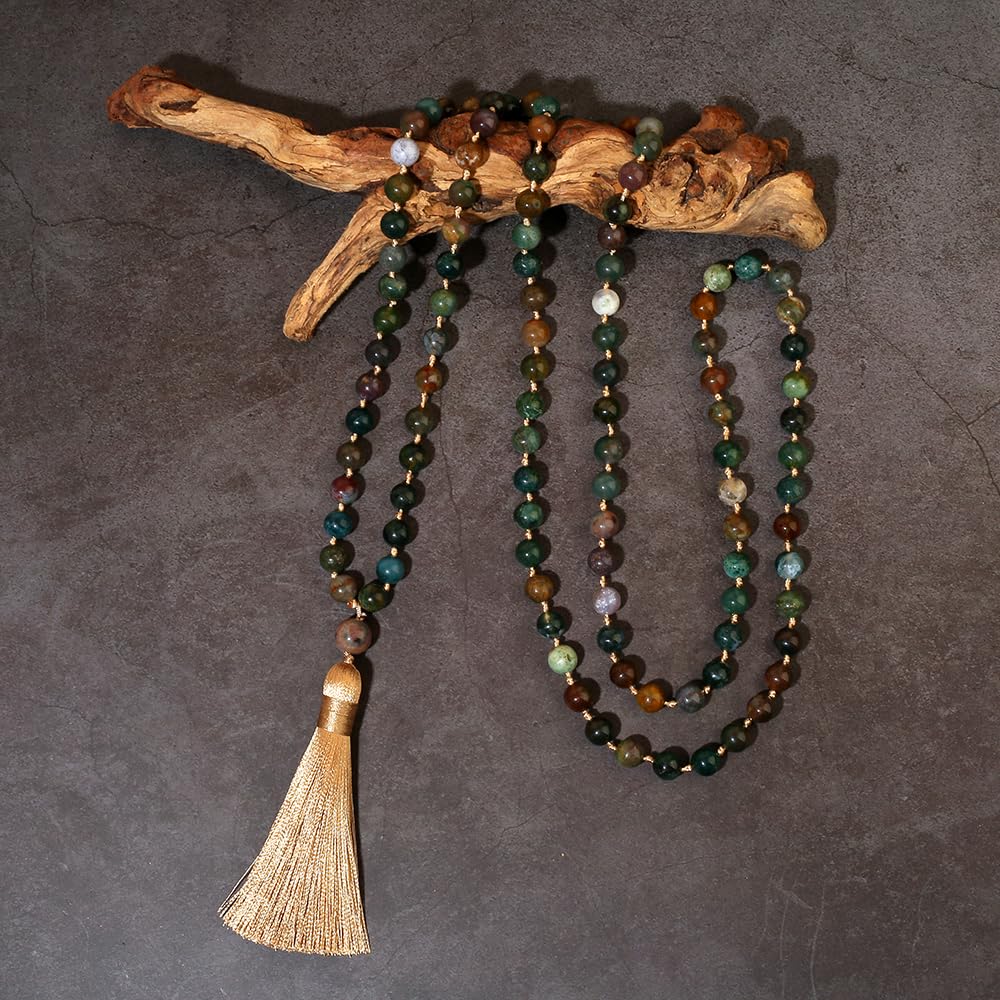 8mm Natural Stone Beads Knot 108 Mala Necklace Meditation Prayer Jewelry for Men and Women (Green Agate)