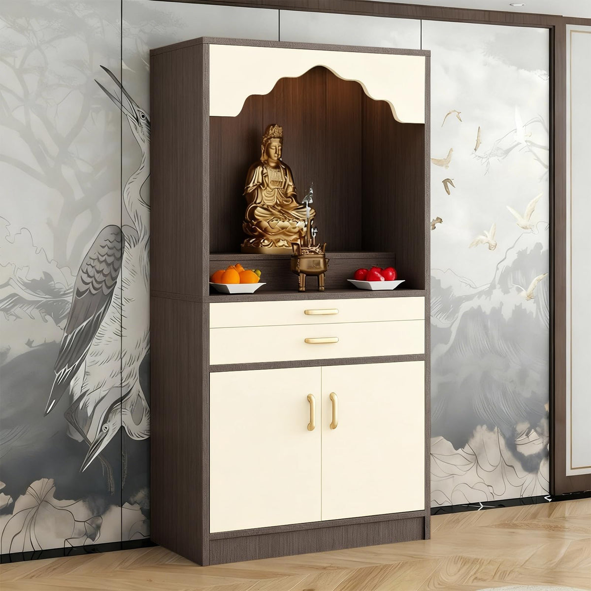 Altar Table Wood Meditation Prayer Table (Beige + Light Brown Wood / 35.4" x 15.7" x 63.8")