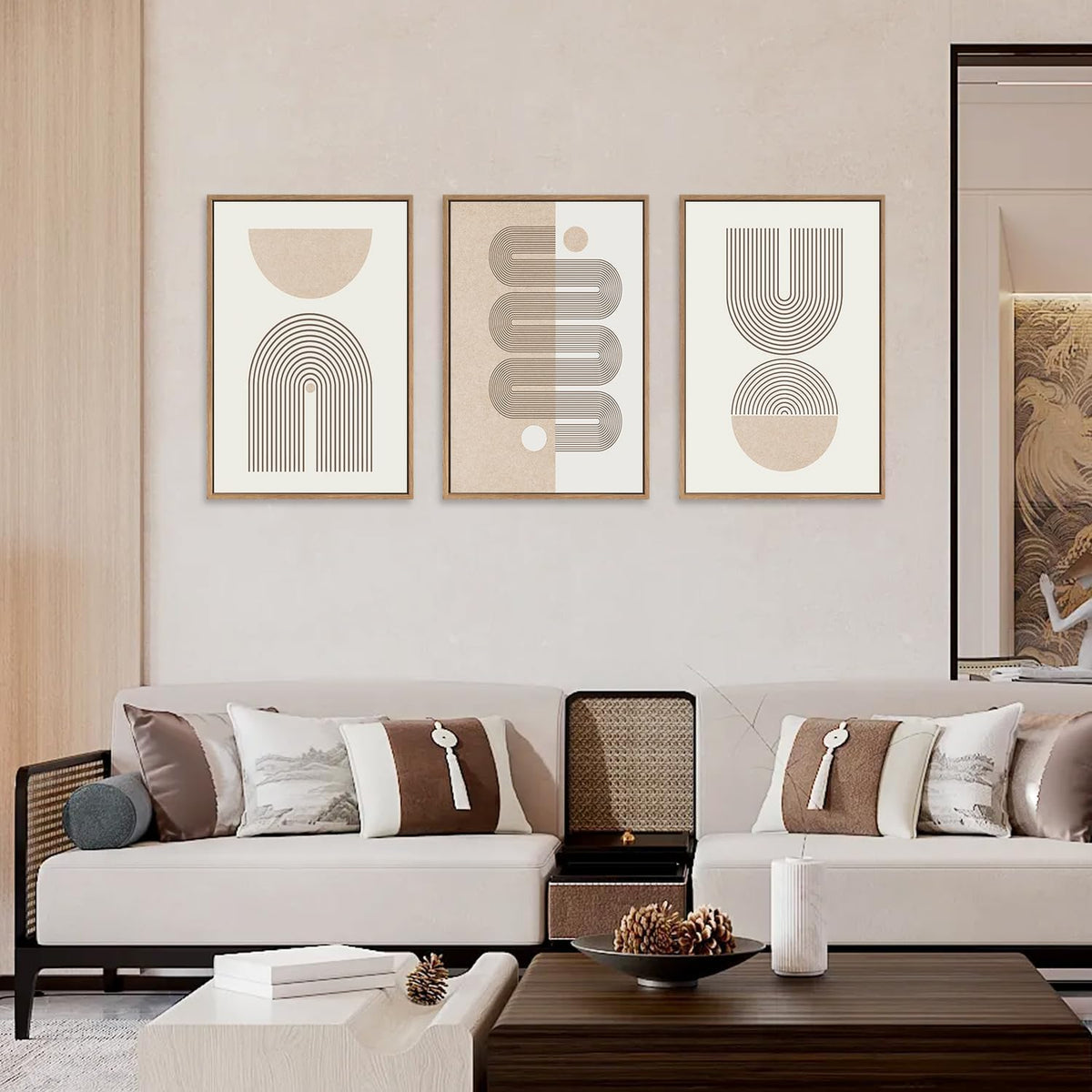 Framed Boho Wall Art Set of 3 (Beige Geometric Line / 24"L x 36"W)
