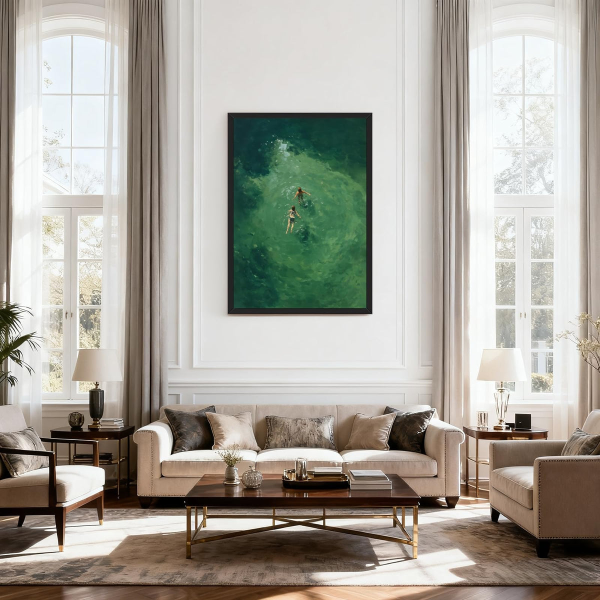 Black Framed Swimmers Wall Art Swimming in Green Abstract Canvas Poster Aerial View Summer Ocean Painting Print Minimalist Relaxing Coastal Artwork for Bedroom Beach House Decor 24x36inch (24"L x 36"W / Swim - Black Frame)
