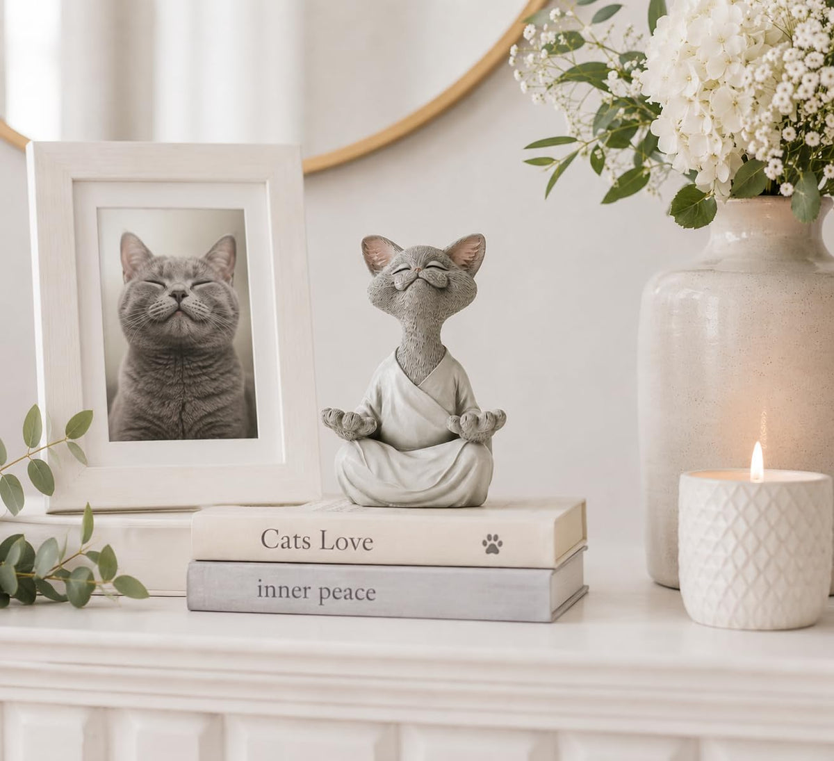 Meditating Happy Cat Statue (Gray)