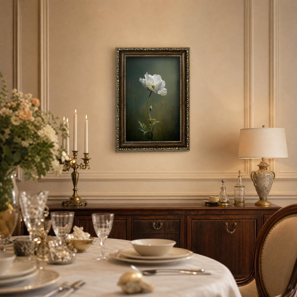 Vintage Poppy Flower Framed Wall Art White Floral Wall Decor (White poppy / 16"L x 12"W)