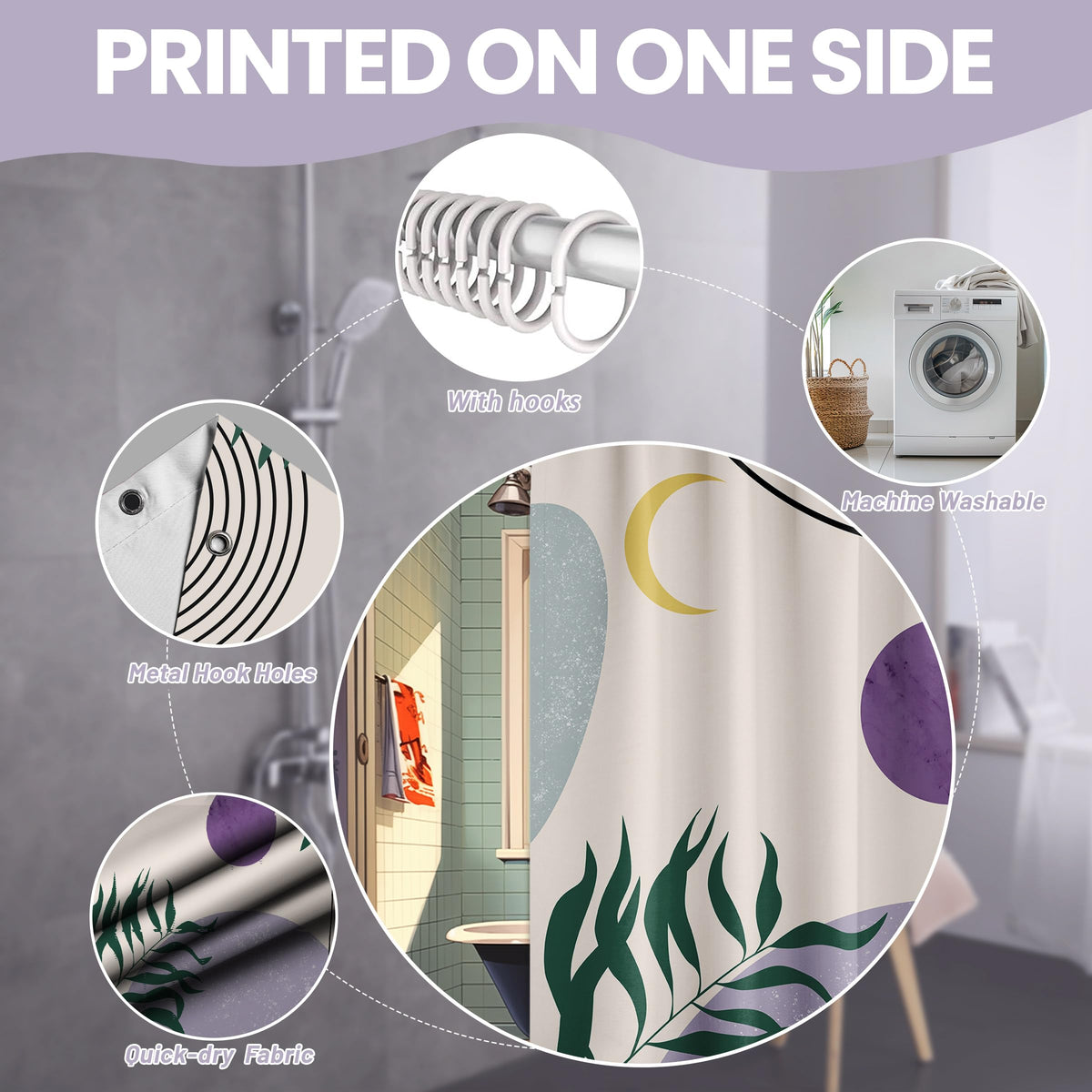 Purple Shower Curtain Mid Century Modern Light Purple Geometric Shower Curtains for Boho Bathroom Decor Sets (Purple Boho / 48"W x 72"L (Pack of 1))