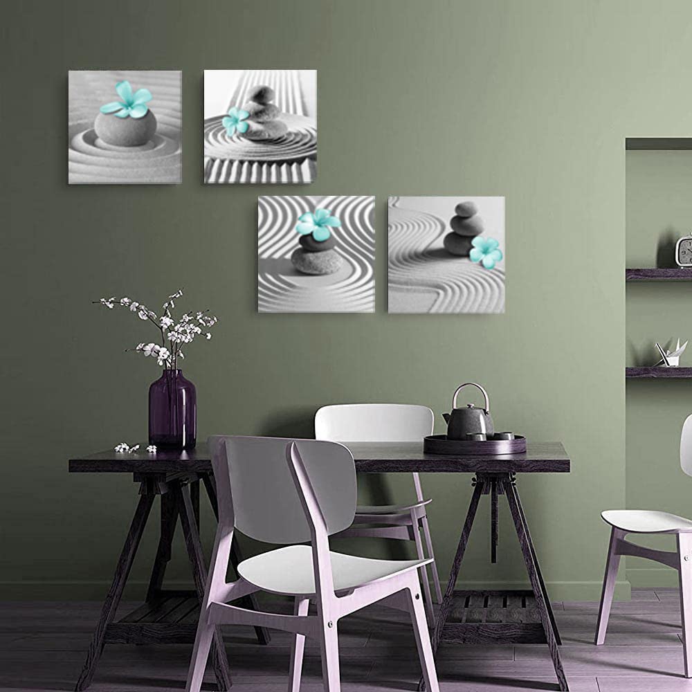 Gray Wall Art Zen Wall Art Teal Floral Paintings Black and White Decor Zen Stone Sand Pebble Canvas Flower Artwork for Wall Home Decoration Bathroom Wall Decor 12''x12''x4pcs (Teal Gray Wall Art / 12"L x 12"W x 4 pcs)
