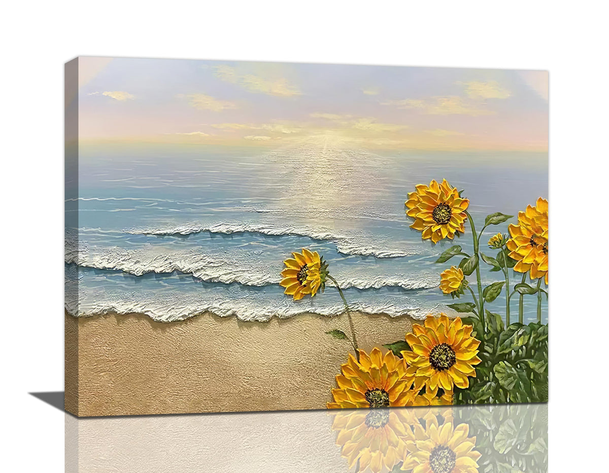 Sunflower Beach Decor Wall Art Coastal Ocean Waves Pictures Sunset Seascape Canvas Painting Nature Home Modern Artwork Decorations Framed for Bathroom Living Room Bedroom Office 16 x 12 inch (16"L x 12"W / Sunflower Beach)